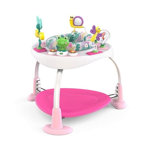 Image of Bright Starts, Bounce Bounce Baby 2-in-1 Activity Center Jumper and Table - Playful Palms with 7 Interactive Toys, Adjustable Height, Storage Bag, 360° Rotation, Ages 6 Months +, Pink