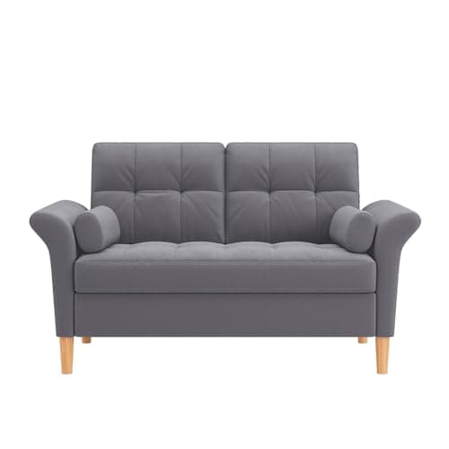 Image of Hroth 2 Seater Sofa, Compact Fabric Sofa with Tufted Backrest & Solid Wood Legs, Modern Small Couch for Living Room, Apartment or Office, Soft Comfortable Loveseat, Grey