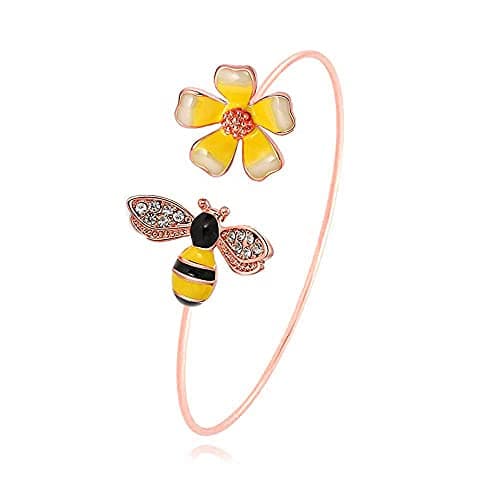 Image of MANZHEN Fashion Yellow Flower and Honey Bee Adjustable Charm Bangle Bracelet Women Jewelry, 2.5 inches, Zinc, enamel