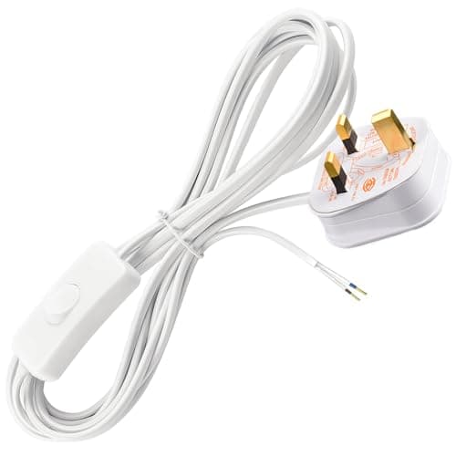 Image of In Line Switch for Lamps, 2 Core White Table Lamp Cable with Switch and Plug, Inline Switch Power Cord Flying Lead 1.8 Meters, 250V 6A Fused Light UK Plug, Safe for Floor/Table Lamps