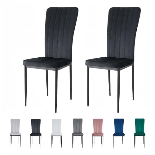 Image of mcc direct Set of 2 Dining Chairs, Velvet High Back Kitchen Chairs with Upholstered Soft Seat and Metal Legs for Home, Office, Dining and Reception - Elle (Black)
