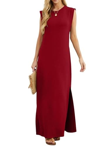 Image of GRECERELLE Womens Summer Maxi Dress Casual Shirt Dresses Elegant Styles Basic Sleeveless Maxi Dresses for Women UK with Split and Pockets (Wine Red, M)
