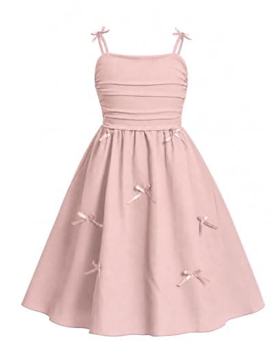 Image of JiAmy Girls Spaghetti Strap Dress Kids Summer Bowknot Smocked Tiered Swing Dresses Casual Elegant Sundress for Girl 13 Years Pink