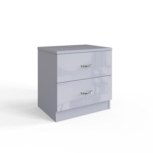 Image of FWStyle Grey Bedside Cabinet with Grey Gloss Drawer Fronts, 2 Drawer Nightstand with Metal Handles and Runners, Modern Bedroom Furniture Table W45 x H46 x D40cm