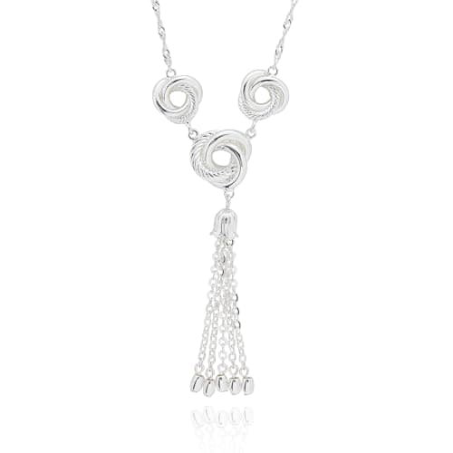 Image of equilibrium Triple Knot Tassel Silver Plated Necklace, Intricate Rope-Style Knot Pendant, 4 x 1.5 x 0.5 cm