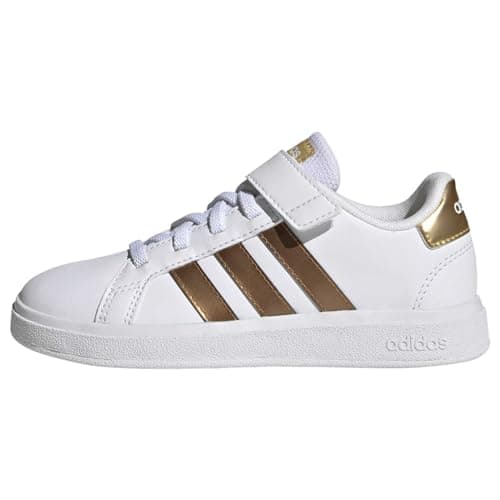 Image of adidas Unisex Kids Grand Court Sustainable Lifestyle Court Elastic Lace and Top Strap Shoes, Cloud White / Cloud White / Matte Gold, 2 UK
