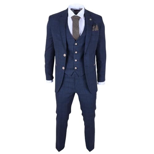 Image of Men's Navy 3 Piece Plaid Check Suit Tailored Fit Formal Dress Suits - Navy 50
