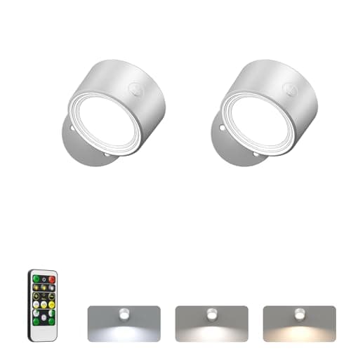 Image of LED Wall Reading Lights with Remote, 2 Pcs Rechargeable Wall Mounted Reading Sconces Lamp 3000mAh, 3 Colors & Dimmable Magnetic 360° Rotation Wall Lighting Spotlights for Bedroom Bedside, Silver