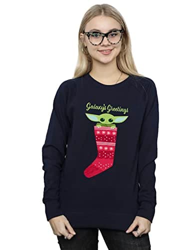 Image of Absolute Cult Star Wars The Mandalorian Women's The Kid Xmas Sock Sweatshirt Navy Blue XX-Large
