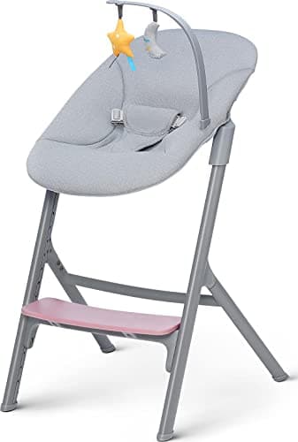 Image of Kinderkraft Livy with CALMEE 4-in-1 High Chair & Bouncer, from Birth to 110 kg, Adjustable Seat & Footrest, 5-Point Harness, Tray with Silicone Mat, Oak Wood Design, Pink