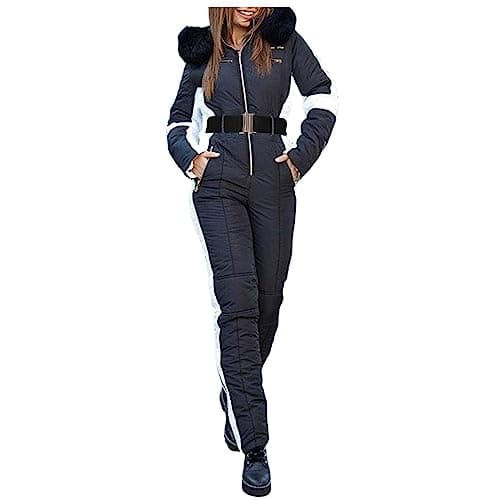 Image of ski suit women snowsuit Ski Suits for Women Windproof Snowsuit Winter Warm All In One Suits Hooded Outdoor Sports Jackets One Piece Softshell Coat Jacket Outdoor Snowboarding Coat Jumpsuit