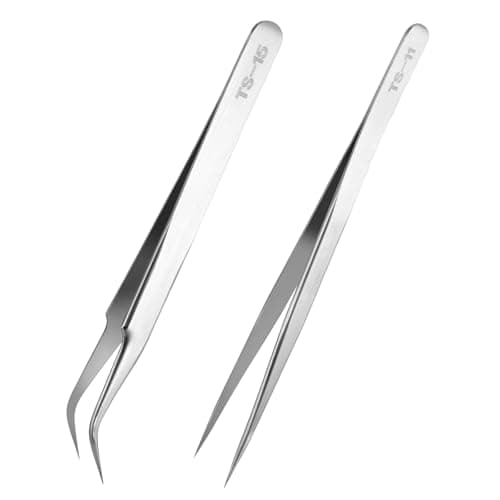 Image of Precision Tweezers, Stainless Steel Fine Tip Curved Craft Tweezers Professional Lash Tweezer for Eyelash Extension, Electronics, Soldering, Experimental Work, Jewelry-Making, Crafting (2)