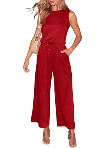 Image of LACOZY Jumpsuits for Women Dressy Summer 2026 Casual Rompers Crewneck Drawstring Clothes One Piece Outfits with Pockets Red S