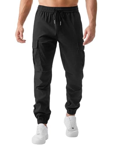 Image of LVCBL Mens Work Trousers Cargo Joggers Elasticated Waist Stretch Fit Combat Style Black L