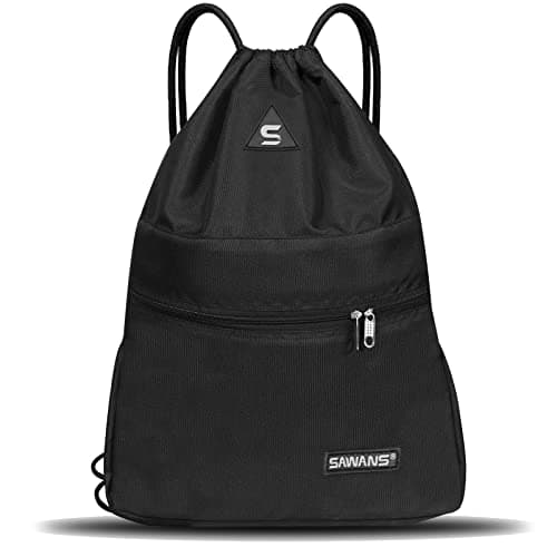 Image of Drawstring Gym Sport Bag String Waterproof Pocket Zipper Sack Backpack for Women Men Travel Kit Bag for Hiking School Students PE Bag Outside Swimming Adult Beach Holidays (Black)