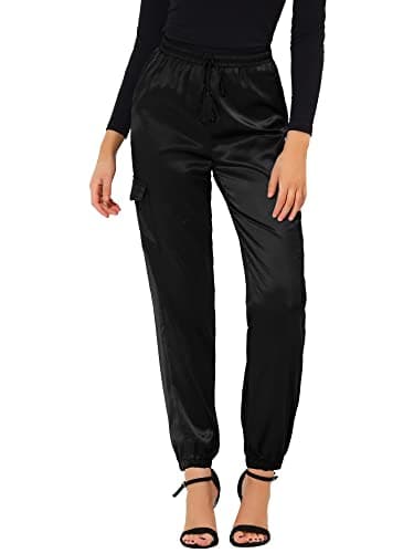 Image of Allegra K Women's Casual Drawstring Elastic High Waist Tie Silky Satin Cargo Pants Black S