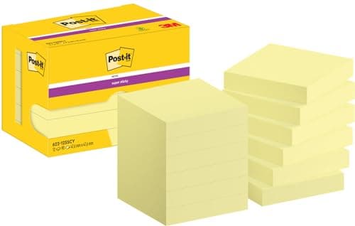 Image of Post-it Super Sticky Notes, 1080 Sheets, Value Pack of 12 Pads, 47.6 mm x 47.6 mm - Holds Strong to Many Surfaces - Canary Yellow - for Walls, Monitors and Fridge, Recycable