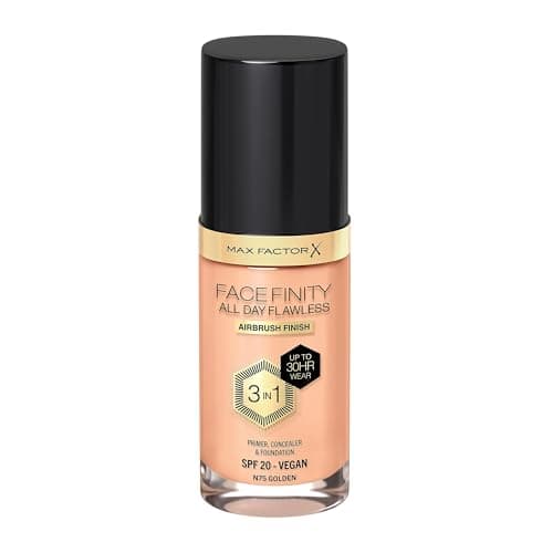 Image of Max Factor Facefinity All Day Flawless Foundation - Concealer, 3-in-1 Liquid Foundation & Face Primer, Vegan Formula, Modular Cover, Up to 30 Hours Hold, SPF20-N75 Gold, 30 ml