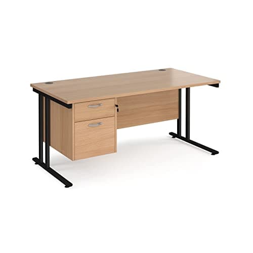 Image of Maestro 25 Rectangle Desk 800 mm Deep with Single 2 Drawer Fixed Pedestal & Black Cantilever Leg, Beech, 160 cm