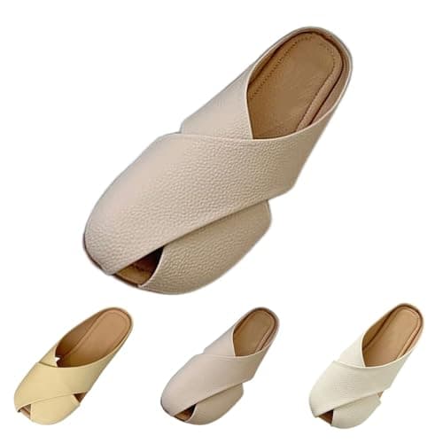 Image of Leather Mules for Women Ladies Wide Fit Size 6 UK Clearance Flat Closed Toe Sandals Backless Low Wedge Slip on Mule Shoes Loafer Khaki Footwear Gifts
