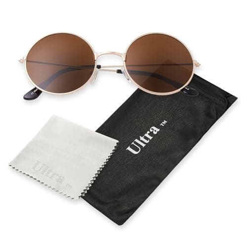 Image of Ultra Oversized Round Retro Sunglasses UV400 - Large Circle Unisex Metal Frame with Spring Hinges, Carry Pouch & Cleaning Cloth Mens Womens Shades - Gold with Brown Lenses