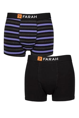 Image of Farah Men’s 2 Pack Cotton Trunks – Classic Fit, Soft Stretch, One Plain One Striped, Supportive Comfortable Underwear for Daily Wear, Sizes S–XL Stripe Black/Purple XXL