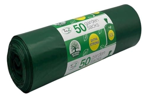 Image of 50 TidyZ Heavy Duty Garden Waste Bags. Made from 100% Recycled Plastic. Extra Strong Green Refuse Sacks. Thick Tear Resistant. 50L Large Capacity