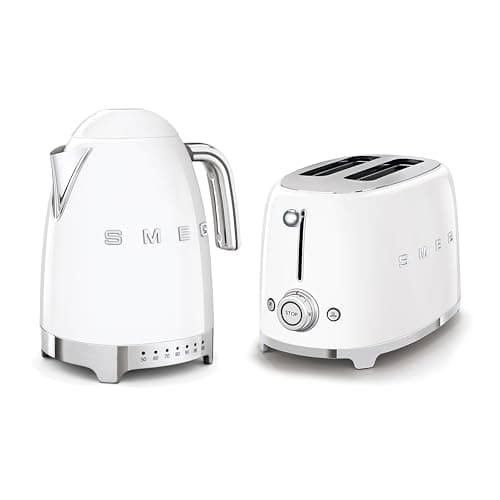 Image of Smeg 50’s Style Retro Range Breakfast Set, 1.7L 3000W Variable Temperature Kettle and Multi-Functional Control 2-Slice 950W Toaster, White, KLF04WHUK/ TSF01WHUK