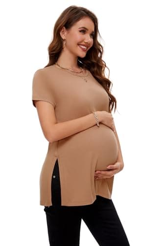Image of Smallshow Women's Short Sleeve Maternity Clothes Side Split Ribbed Pregnancy Top,Brown,L