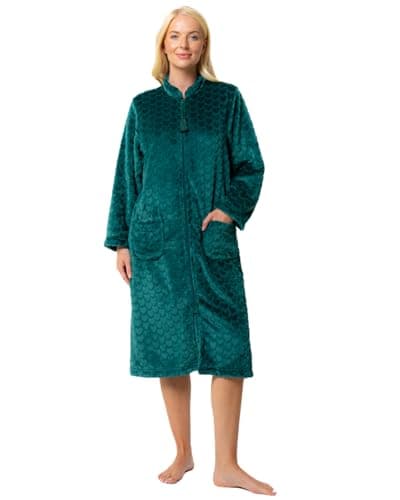 Image of Suzy & Me Ladies Zip Front Soft Embossed Fleece Dressing Gown (UK, Numeric, 20, 22, Regular, Regular, FOREST)