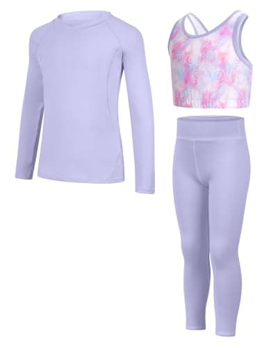 Image of JiAmy Girls Yoga Leggings Girls Athletic Leggings Training Bras Set Kids Gym Crop Tank Top Activewear Set for 9-10 Years Purple