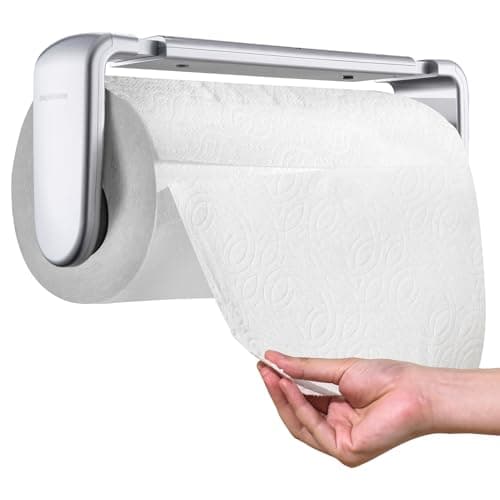 Image of simpletome Paper Towel Holder Under Cabinet or Wall Mount ONE HAND Operation Tension Arm Kitchen Roll Holder (Silvery, for 18-23cm/7-9inches roll)