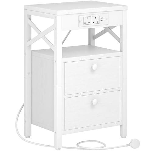 Image of HOOBRO Wooden Bedside Table with Charging Station, X-shaped Side Table with 2 Wooden Drawers, Nightstand with 2 USB Ports and 2 AC Outlets, 38 x 28 x 60 cm, White EWT138KBZ01