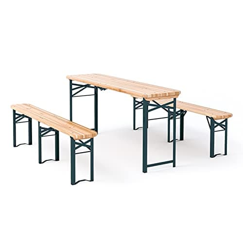 Image of Warmiehomy Outdoor Folding Camping Table and Bench Set Wooden Garden Picnic Dining Table Benches Set of 2 for Patio Yard Swimming Pool BBQ Party (Tables: 167.5 x 46 x 75cm; Chairs: 167.5 x 23 x 46cm)
