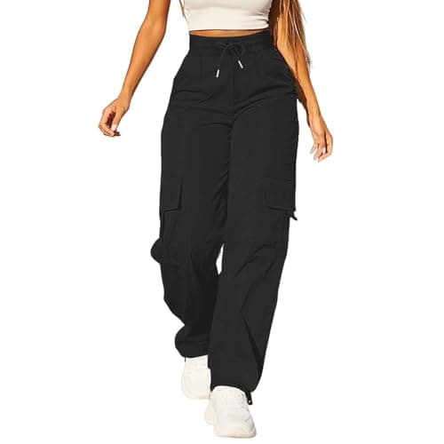 Image of Cargo Pants For Women UK High Waist Combat Trousers With Multiple Pockets Solid Color Drawstring Tracksuit Bottoms Baggy Lightweight Wide Leg Trousers Ladies Casual Jogging Pants Hiking Walking