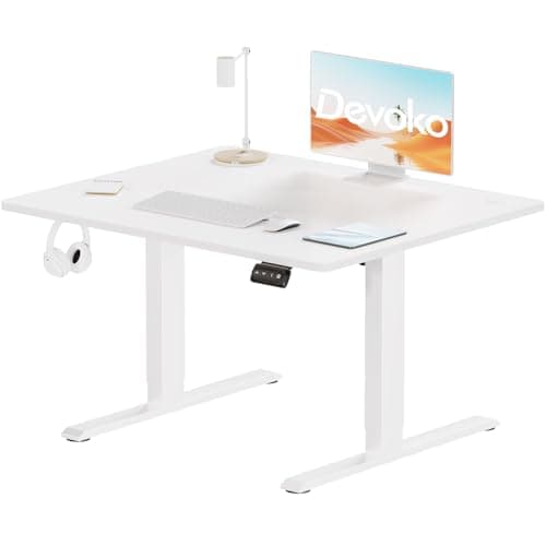 Image of Devoko 100x60cm Height Adjustable Standing Desk Heavy-Duty Steel Frame Maximum Load Capacity 60kg with Anti-Collision Design and Backpack Hooks Quiet Motor <50dB for Home Office,White