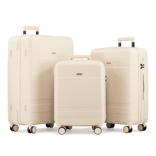 Image of VonHaus Suitcase Set - Cream Luggage Set for Travel - 3 Piece Lightweight ABS Hard Shell Suitcases - Telescopic Handle & Double Spinner Wheels - TSA Lock & Anti-Theft Zip - Large, Medium & Cabin Bag