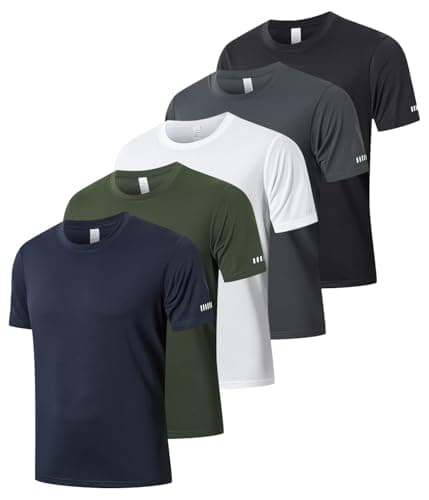 Image of LUWELL PRO 5 Pack Mens T Shirts Gym Tops for Men UK Running Shirts Quick Dry Sport Clothes Moisture Wicking Athletic Shirt Breathable Short Sleeve Work Tshirts (YF-UK-T5050-BGW Navy Green-L)