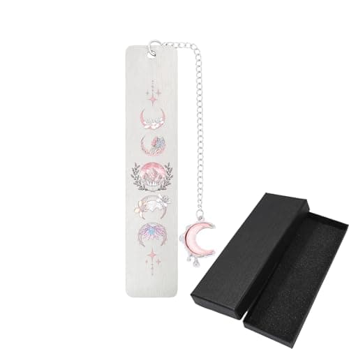 Image of Acotar Moon Themed Metal Bookmark with Moon Pendant Stainless Steel Bookmarks with Star & Floral Patterns Decorative Bookmarks for Reading Lovers, Students, Bookworms (Pink Acotar)