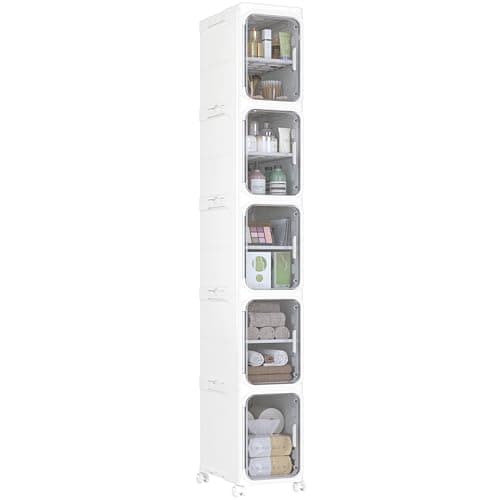 Image of HOMIDEC Bathroom Storage, 5 Tier Tall Bathroom Cabinet with Wheels and Removable Shelf, Slim Bathroom Storage Unit Free Standing for Toilet Roll, Towel, Shower, Clear Smoke
