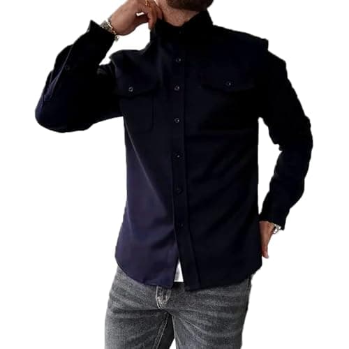 Image of ZPLMIDE Men's Button Down Shirt Jacket, Casual Brushed Shirt Slim-Fit Long-Sleeve Work Coat Button Down Overshirt for Men (Navy,M)