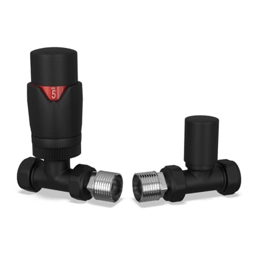 Image of UK Radiators Thermostatic Radiator Valve (TRV) - 15mm Straight Lockshield - Matt Black Colour - Energy Saving 1/2" x 15mm Brass Straight Valve
