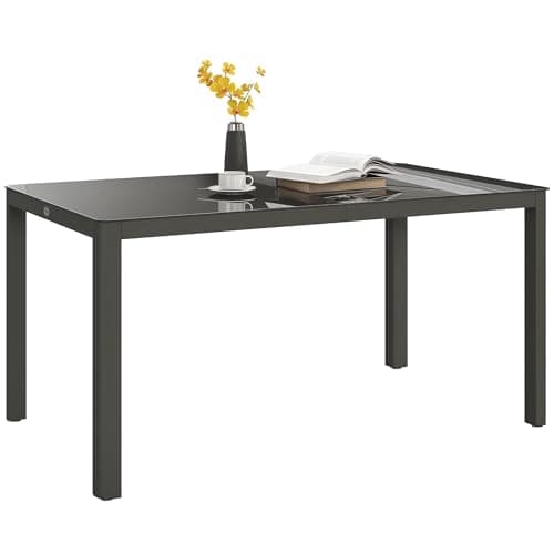 Image of Outsunny Outdoor Dining Table for 6 People, 150 x 88 cm Rectangular Garden Table with Aluminium Frame, Tempered Glass Top and Height-Adjustable Feet for Balcony, Porch, Terrace, Grey