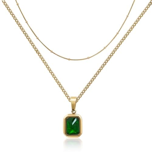 Image of Weviway 18K Gold Plated Layered Emerald Necklace - Green Gemstone Pendant, Handmade Jewellery for Women | Ideal Gift