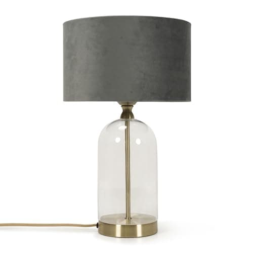 Image of ValueLights | Glass and Gold Metal Table Lamp with a Grey Velvet Lampshade | Home Décor, Bedside & Desk Lamp | Includes Bulb [3000K Warm White]