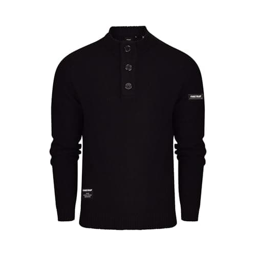 Image of Firetrap Mens 3 Button Funnel Neck Jumper Pullover Winter Sweaters Cotton Blend Jumpers Quarter Half Button Men Top Jumoers Designer Smart Top Knitted Knitwear Sweatshirt Jumpers for Men Black S
