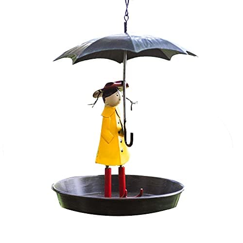 Image of Garden Mile Decorative Hanging Bird Seed Tray – Umbrella Girl Metal Bird Feeder Ornament – Weather Resistant Garden Bird Feeding Dish with Chain for Wild Birds, Patio & Garden Decor