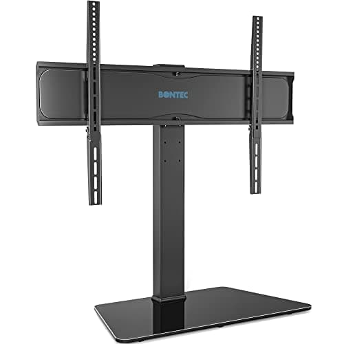 Image of BONTEC Universal Swivel Table Top TV Stand for 42–86 inch LED OLED LCD Screens, Heights Adjustable Table Top TV Stand with Tempered Glass Base, Large TV Pedestal Stand Holds 50kgs, Max. VESA 800x600mm