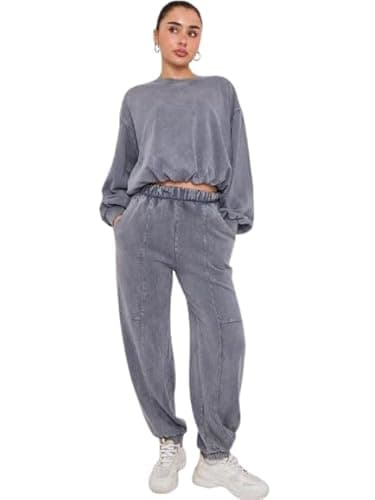 Image of House of Sehrish Women's Acid Wash Sweatshirt & Jogger Bubble Hem Tracksuit (UK, Alpha, L, Regular, Regular, Charcoal)