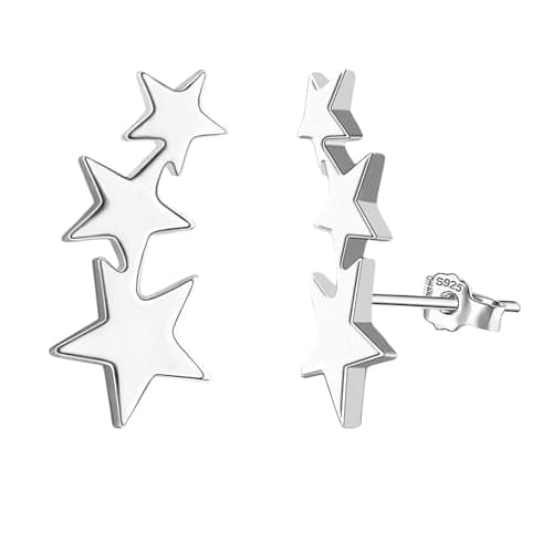 Image of 925 Sterling Silver Star Earrings For Women, Tiny Triple Star Stud Earrings, Flat Silver Shooting Stars Studs For Teen Girls, For Women Girl